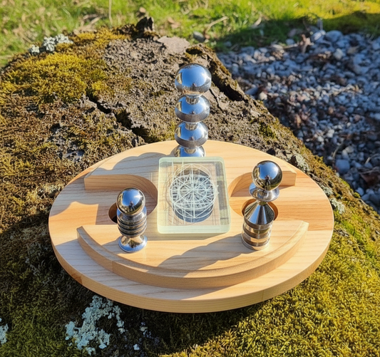 Trimoč – Energetischer Regulator mit drei Kräften
Feuer (links) · Wasser (oben) · Erde (rechts)